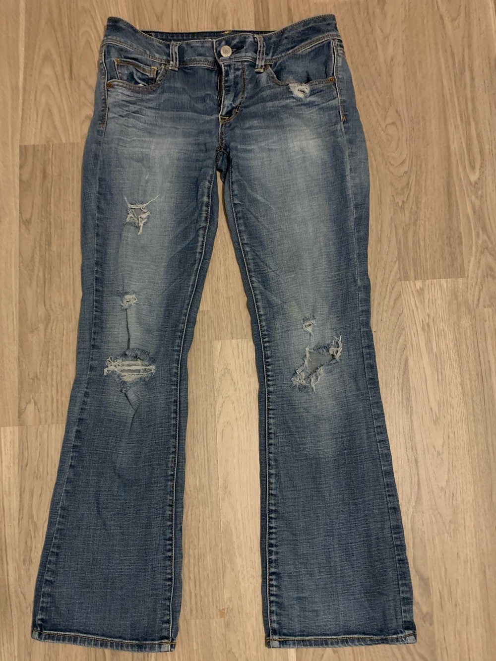 American Eagle Outfitters Women's Distressed Flare Jeans - Blue Wash